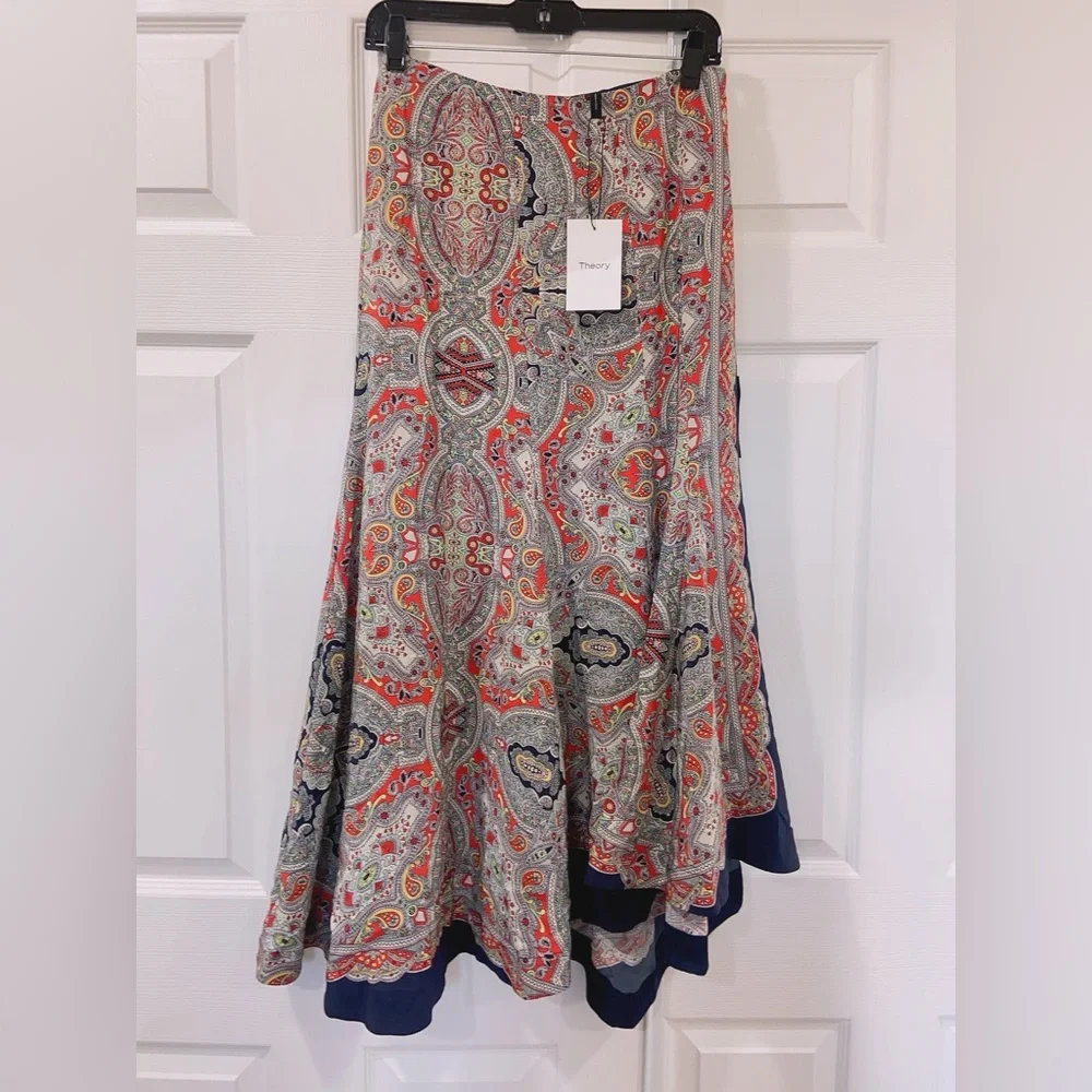 NWT Theory Bitrah Premont Paisley-Print Silk Maxi Skirt